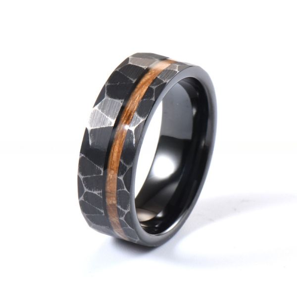 Trendy Vintage Whiskey Barrel Wood Inlay Black Hammered Tungsten Ring Wedding