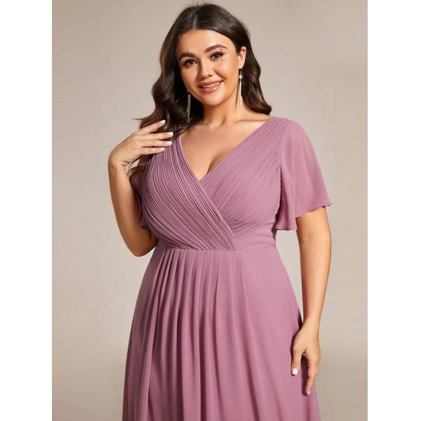 Chic V-neck High-low Short Flutter Sleeves A-line Ruffles Midi Invisible Zipper Purple Orchid Chiffon Cocktail Dress
