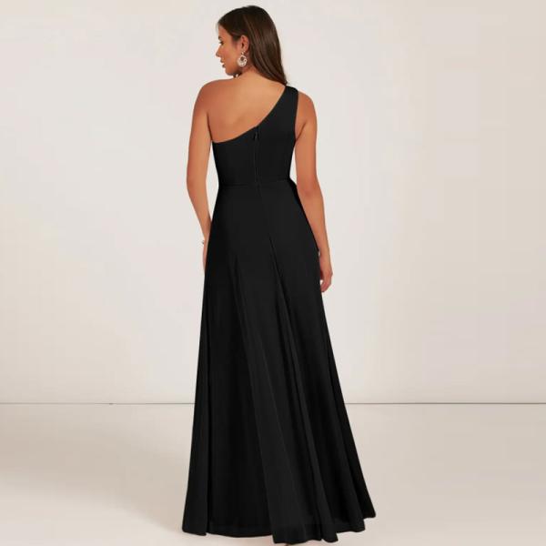 Manufacturer OEM Black Chiffon Bridesmaid Dress One-Shoulder Sleeveless A-Line Front Split Slit Sleeveless Pleated