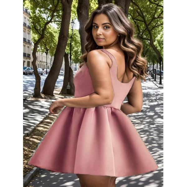 Mini Chic Square Neck Open Back A-line Ruffle Short Purple Orchid Satin Graduation Dress