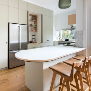 China Light Green Melamine Kitchen Cabinet Handless Kitchen Cabinet on sale