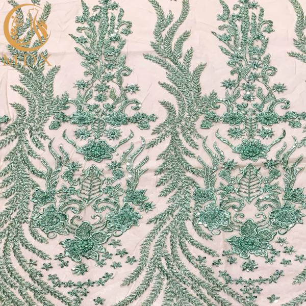 Buy ODM Elegant Green Beaded Dress Bridal Lace Fabric 140Cm Width at wholesale prices