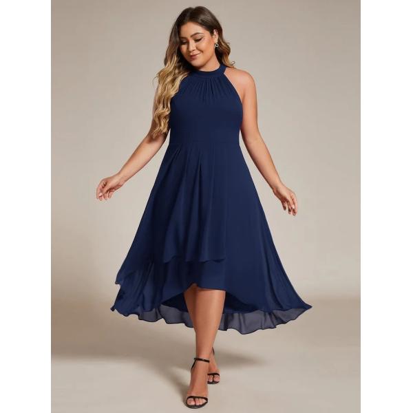 Popular A-line Sleeveless Halter Neck Wedding Guest Dress Navy Blue Chiffon Cocktail Dresses