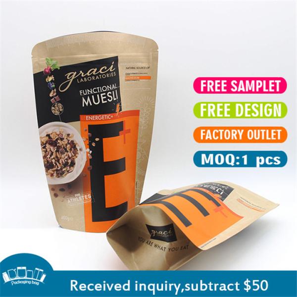 Resealable Kraft Stand Up Pouches Gravure Printed 4oz Brown Paper Coffee Bags