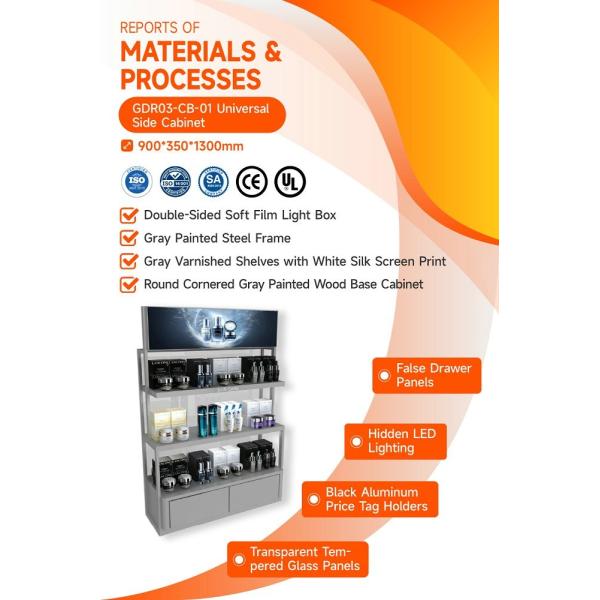 GDR03-CB-01 Universal Side Cabinet with Soft Film Light Box and Black Aluminum Price Tag Holder for Specialty Beauty Stores
