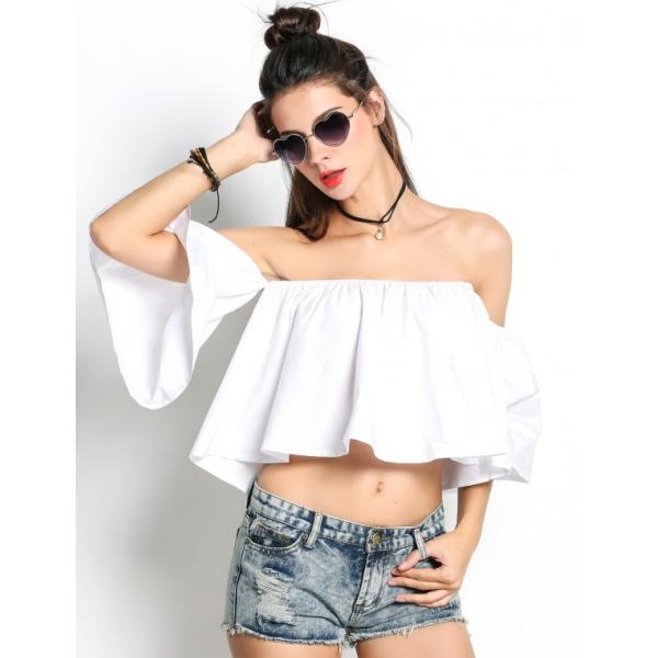 Ladies Tops Latest Design Women Off Shoulder Flare Sleeve Ruffles Solid Crop Tops