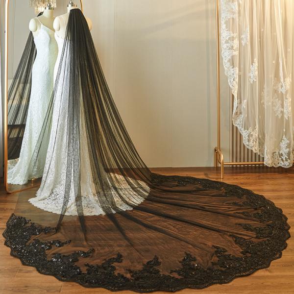Customized 4m*3m Wholesale Long Cathedral Appliqued Lace Sequins Tulle A Top Vantage Bridal Wedding Black Veil With Hair
