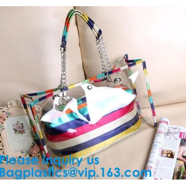 Buy PVC Waterproof outdoor Travel Shopping Bags Fashion Lady Colorful Striped Beach Bags Waterproof Outdoor Beach Bean Bag at wholesale prices