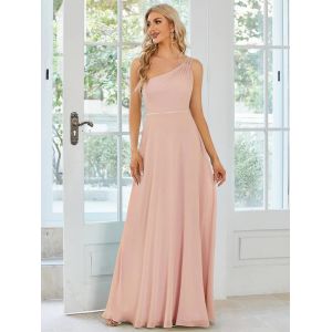 Asymmetry Custom Size Spaghetti Strap One-shoulder A-line Pink Flowy Chiffon