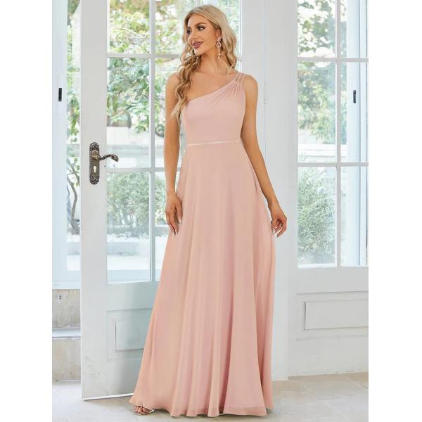 Asymmetry Custom Size Spaghetti Strap One-shoulder A-line Pink Flowy Chiffon