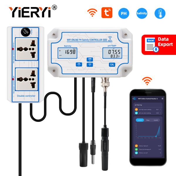 Tuya Online Salinity Meter with 0~199.9ppt Range and 0~14.0pH Multiparameter Water Quality Tester for Mariculture and Aquarium