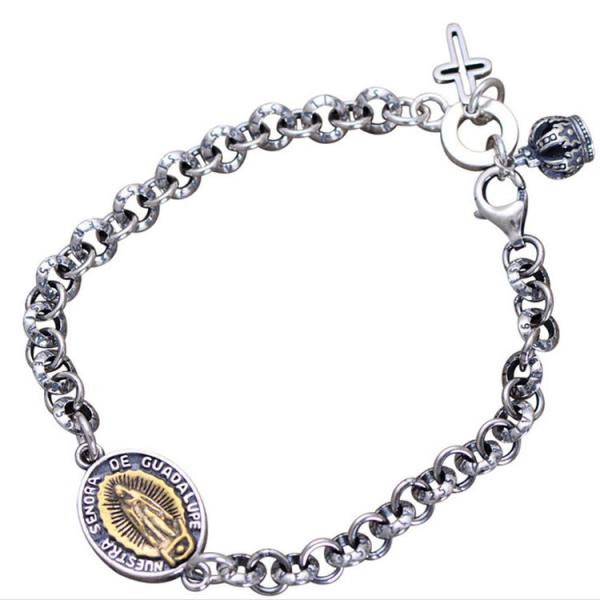 Women Men Sterling Silver Tag Cross Crown Charm Link Bracelet(058417)