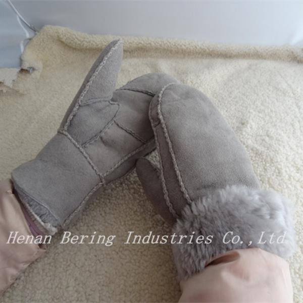 Wholesale Economic Soft Hand Sewn Double Stitching Real Lamb fur Patched Shearling Sheep Skin Cheap Winter Leather Mitten Gloves