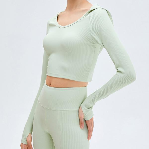 Buy High Waist Ribbed Yoga Clothes Women Long Sleeve  Hooded Crop Top Set at wholesale prices