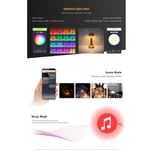 Wifi Smart Table Lamp, Modern Design App Control Waterproof Night Light for Living Rooms, Bedrooms and Camping