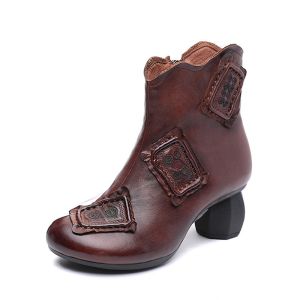 S319 Leather Stitching Women'S Mid-Tube High-Heeled Boots, Retro Ethnic Art
