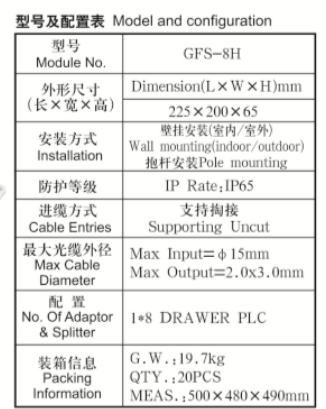 Plastic fiber optical distribution box,225X200X65mm,wall-mounted(Indoor&outdoor),IP65,1X8 Drawer splitter