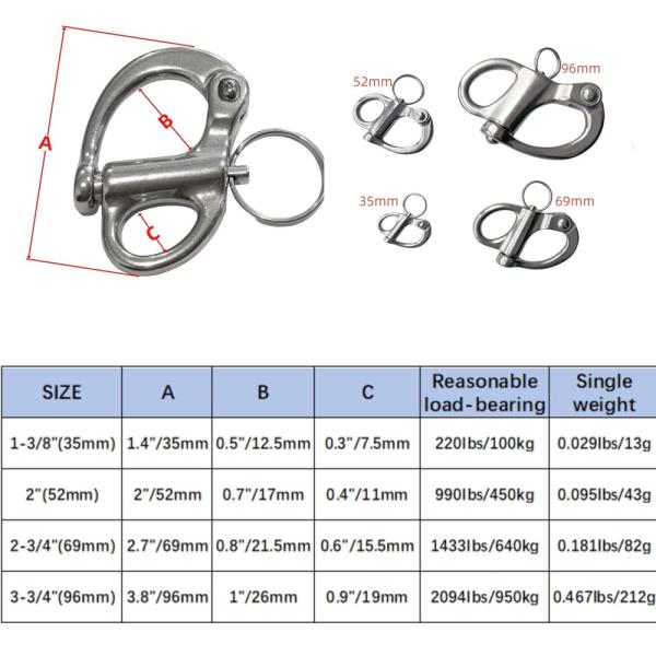 316 Stainless Steel Snap Hook 35mm for Hoisting Rope Suspension