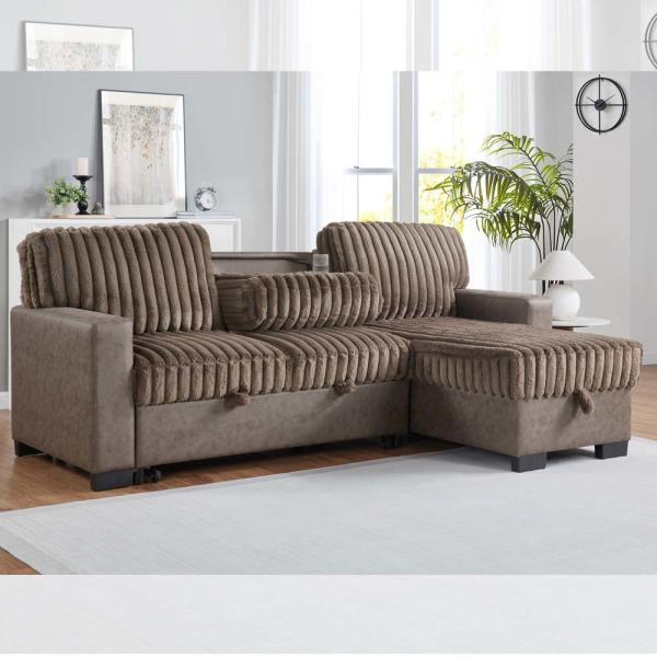 Buy L-Shaped Reversible Sectional Sleeper Sofa with Pull-Out Bed and Dropdown Table and Storage, Brown & Dark Brown Fabric at wholesale prices