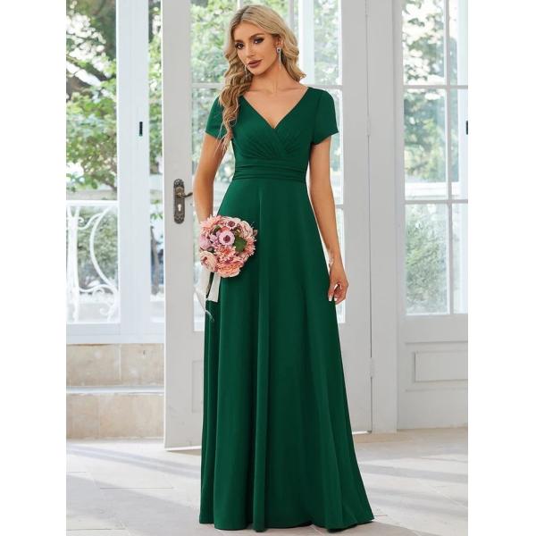 Sexy Custom Size V-neck Simple Pleated Empire Waist A-line Short Sleeve Dark Green Satin Homecoming Dress