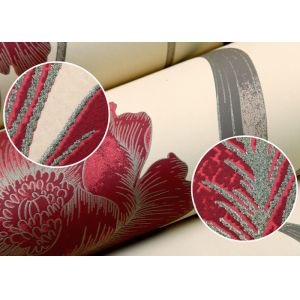 Durable Floral Living Room Striped Wallpaper With Red Floral , Non Woven