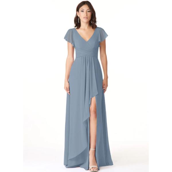 Beautiful Pleated Chiffon Dusty Blue Floor-Length Junior Bridesmaid Dress Cap Sleeve Princess Ruffle