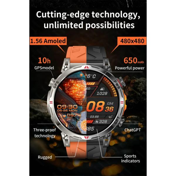 3ATM Waterproof Fitness tracking BT Call GPS AMOLED 650Mah Professional Sports Smartwatch