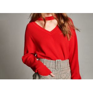 Hollow V Neck Choker Womens Knit Pullover Sweater Red Acrylic Wool Red Jumper