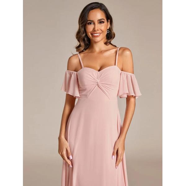Empire A-line Ruffled Off-shoulder Spaghetti Strap Criss-cross Ruffles Sleeve Pink Chiffon Evening Dress