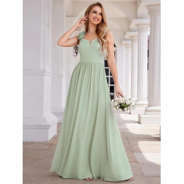 Elegant V-neck Floral Strap Empire A-line Waist Mint Green Chiffon Evening Dress