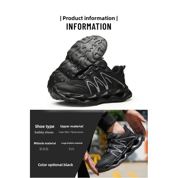 Breathable Microfiber Leather Mesh Safety Shoes With Kevlar Anti-stab Steel Toe And EVA Sole In Black