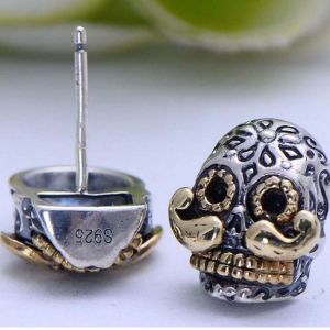 Retro Womens Jewelry Two Tone Silver Skull Stud Earrings(XH055010W)