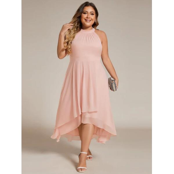 Tea-length A-line Sleeveless Halter Neck Wedding Guest Dress Pink Chiffon Cocktail Dresses