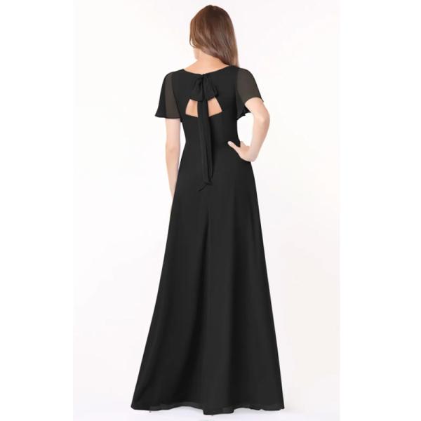 Perfect Plus Size Black Chiffon Long Bridesmaid Dress Short Sleeves Keyhole Ruched A-Line V-neck Front Split Slit