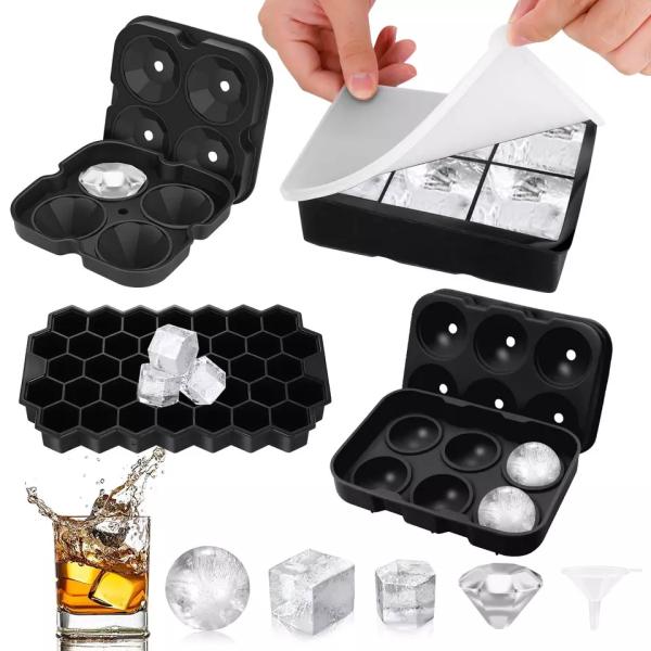 6-hole Round Ice Ball Mold with Honeycomb Square Ice Tray and Diamond Ice Cube Tray