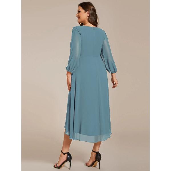 Elegant Empire Long Sleeve V-neck High Low A-line Ruffled Midi Dusty Chiffon Wedding Guest Blue Graduation Dress