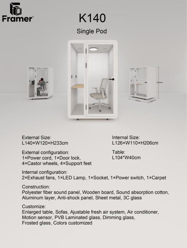 Adjustable Single Person Pod Customized Sound proof Office Pod White With A Ventilation System