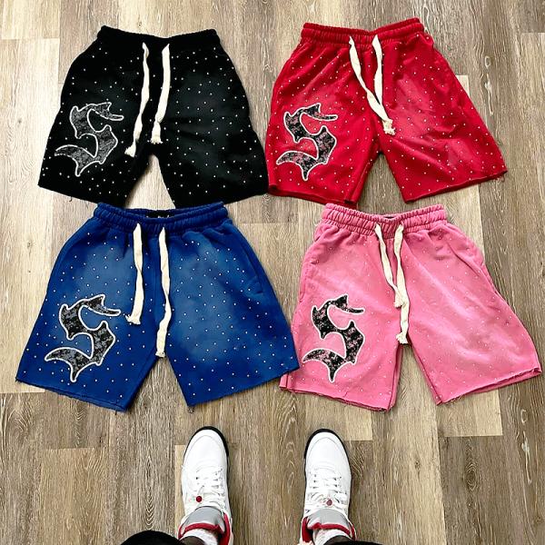 Custom Rhinestone Screen Print Logo Pocket Acid Wash Vintage Men's Shorts Sweat Cotton French Shorts Jogging Cotton Shorts