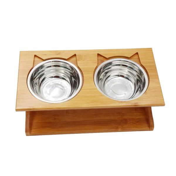 35x17.5x13cm Bamboo Elevated Dog Cat Food Stand Feeder with 2 Stainless Steel Raised Bowls Customer Logo