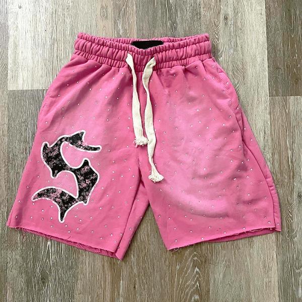 Custom Rhinestone Screen Print Logo Pocket Acid Wash Vintage Men's Shorts Sweat Cotton French Shorts Jogging Cotton Shorts