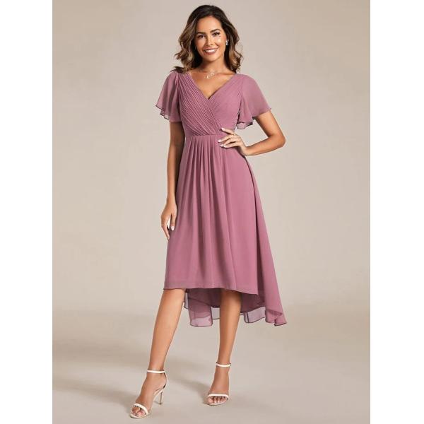 Chic V-neck High-low Short Flutter Sleeves A-line Ruffles Midi Invisible Zipper Purple Orchid Chiffon Cocktail Dress