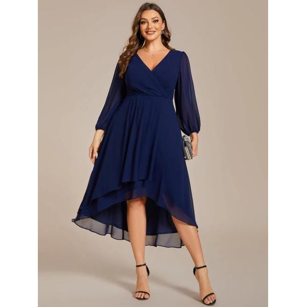 Plus Size Ruffled A-line Long Sleeve V-neck High Low Wedding Guest Dark Purple Chiffon Bridesmaid Dress
