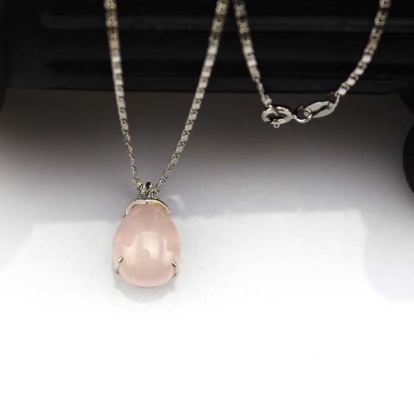Sterling Silver 11mmx16mm Drop Shape Rose Quartz Cubic Zirconia Pendant Necklace(P22)