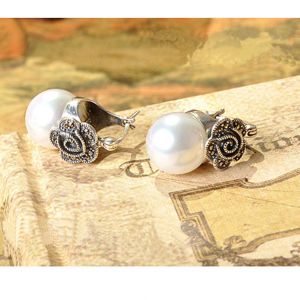 Vintage Silver Marcasite Drop Earrings with White Simulated Shell Pearl (E12141)