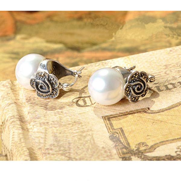 Vintage Silver Marcasite Drop Earrings with White Simulated Shell Pearl (E12141)