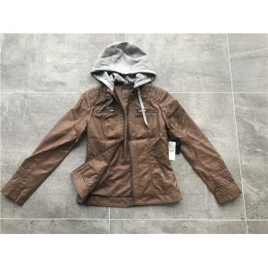 Grey Pu Leather Coat Melange Detachable Hooded Camel Tw74382