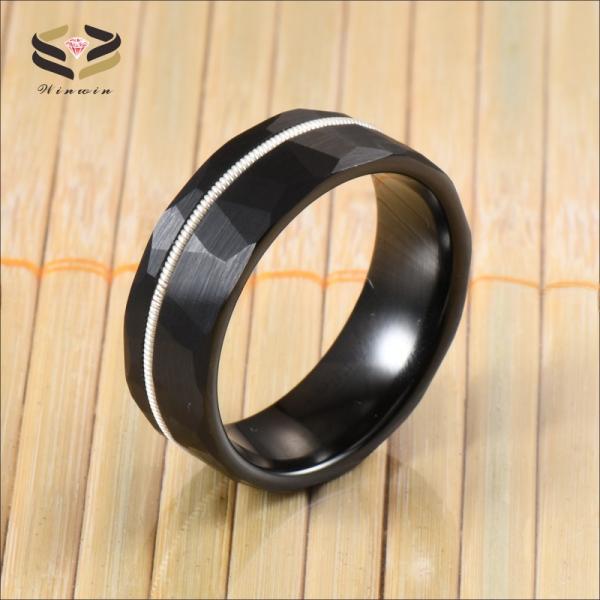 Mens Fashion Black Faceted Finish Hammered Tungsten Wedding Band With White Guitar String Inlay Comfort Fit Invisible Setting