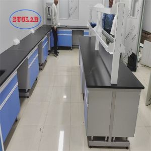 Customizable Chemistry Lab Workbench Design with C-Frame and Multiple Cabinets