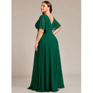 Simple V-neck Zipper Short Sleeves Empire Waist A-line Maxi Ruffled Dark Green