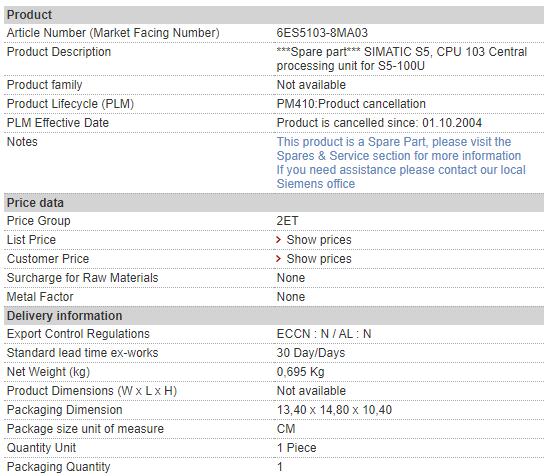 6ES5103-8MA03 6ES5 103-8MA03 Siemens Cenrtral Processing Unit